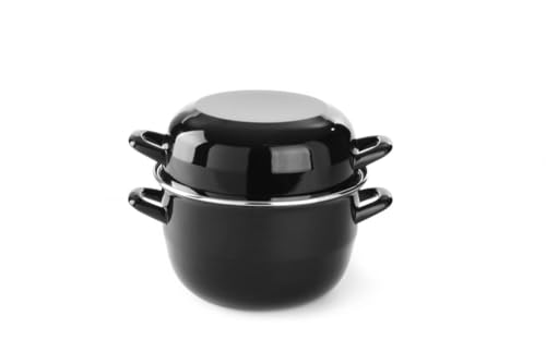 HENDI Cazuela con tapa, olla, para cocinar y servir mejillones, para salsas, sólo apta para cocinas de gas, 1.5 kg, 3 L, ø220x(h)200 mm, acabado esmaltado negro con reborde de acero inoxidable