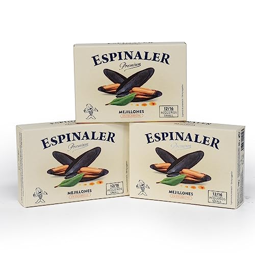Mejillones Premium en Escabeche Espinaler - Pack de 3 latas de 12-16 mejillones - Conservas Gourmet de mejillones de gran tamaño - Mejillones en conserva para tu aperitivo