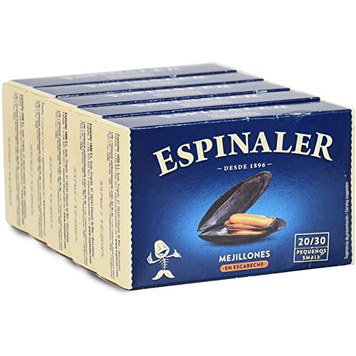Mejillones en escabeche Espinaler - Pack de 5 latas de 20 -30 mejillones - Conservas Gourmet de mejillones - Mejillones en conserva para tu aperitivo