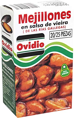 Mejillones en Salsa de Vieira Ovidio de las Rias Gallegas 20/25 piezas Peso Neto 115 gr.(Pack de 6 latas)
